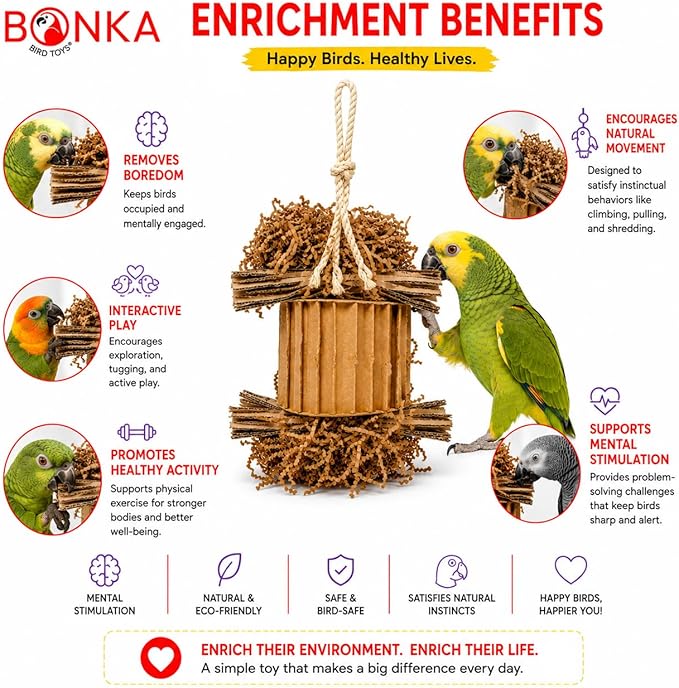 Bonka Bird Toys 3753 Natural Shreddy Eddy Medium to Large Parrot Toy Good Conure African Grey, Conures, Amazons, Small Cockatoos, and similarly Sized pet Birds for Chewy Foraging Fun.