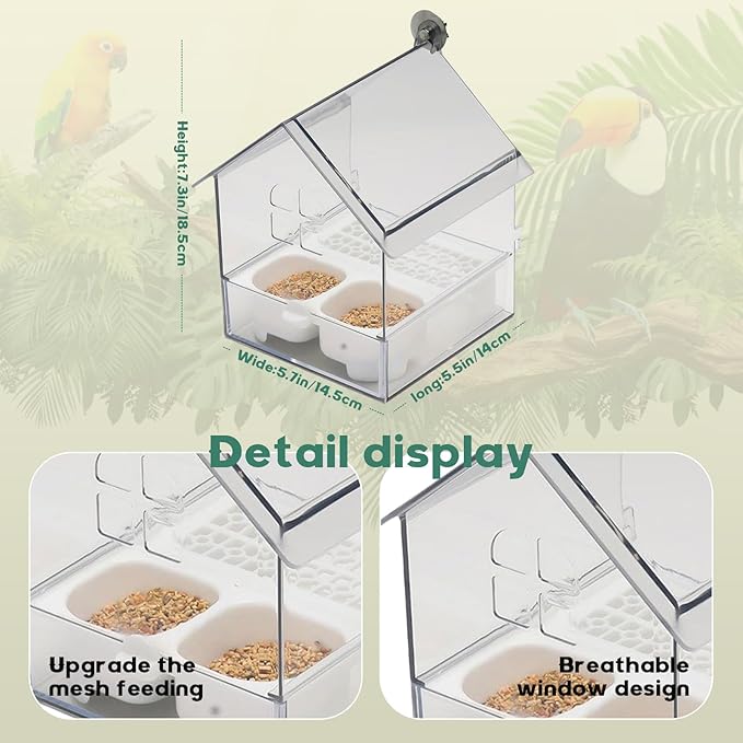 Pull-Out External Parrot Feeder & Bird Bath for Cage - Transparent Easy-Fill Feeder House, Convenient Feeding & Watching for Parrots, Finches, Hummingbirds and Small Birds