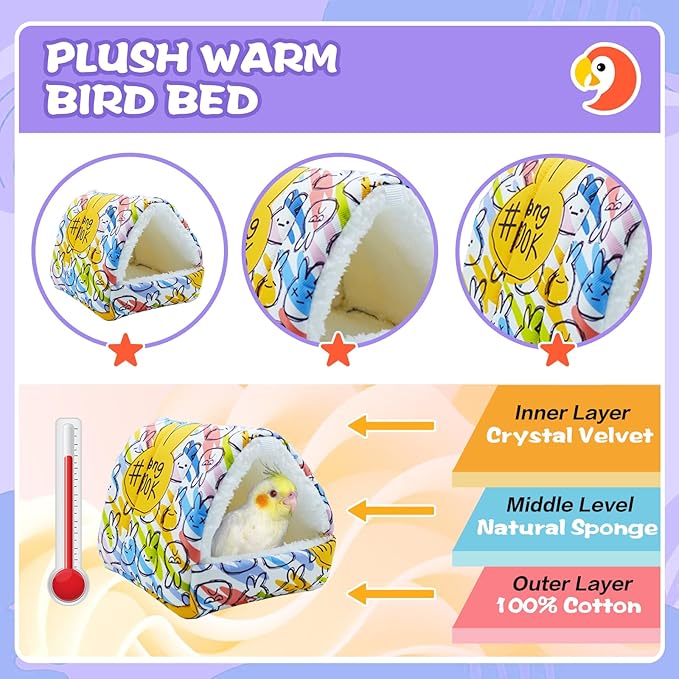 SUSOO Plush Warm Bird Bed - Hanging Bird Nest Snuggle Velvet Shed Tent Cage Fluffy Hut Winter Sleeping Hideaway Hammock House for Parrot Parakeet Conure Cockatiel Budgies Lovebird (Colorful, L)
