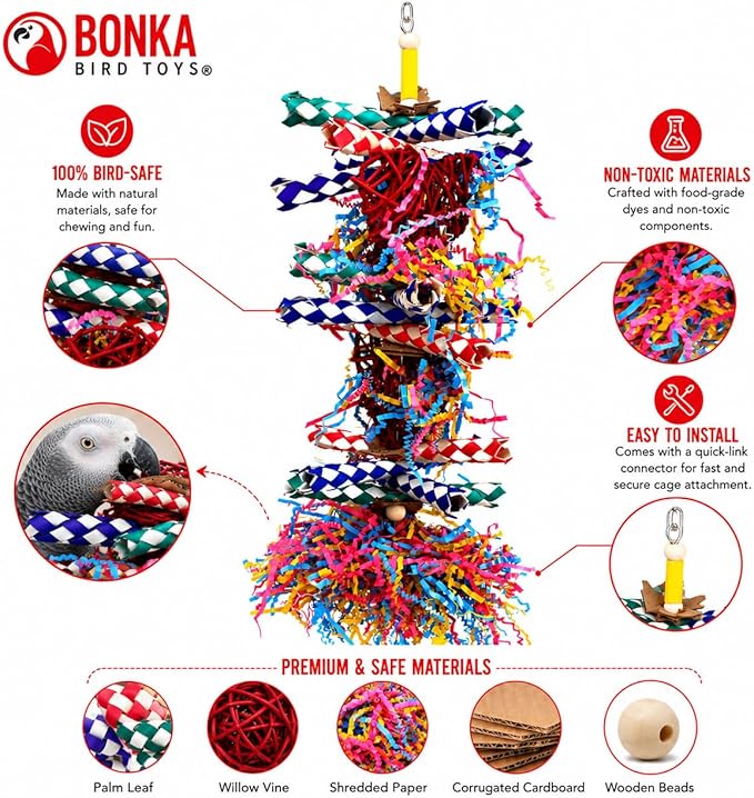 Bonka Bird Toys 1042 Huo Foraging Hearts Bird Toy for Medium Large Birds Interactive Shredding and Chewing Cage Toy Colorful Palm Leaf and Paper Enrichment Toy 12.5"