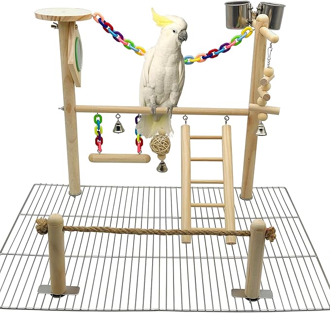 Bird Playground Top Cage, Parrot Gym Hanging Chewing Toys, Cage Top Play Stand for Conure, Parakeets, Budgie, Cockatiels, Lovebirds, Wood Perch Toys