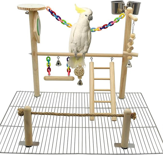 Bird Playground Top Cage, Parrot Gym Hanging Chewing Toys, Cage Top Play Stand for Conure, Parakeets, Budgie, Cockatiels, Lovebirds, Wood Perch Toys