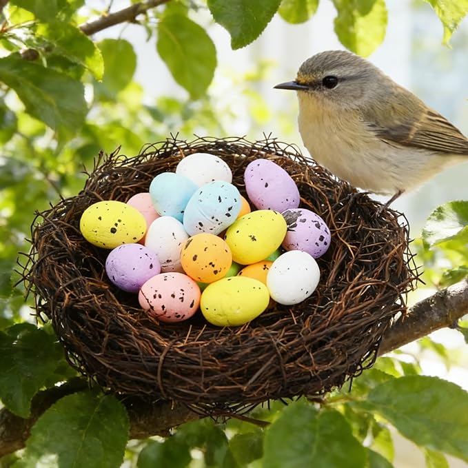 PETKNOWS Easter Artificial Bird Nest with Eggs for Crafts, 12Pcs Mixed Size Artificial Rattan Birds Nest with 26Pcs Foam Easter Eggs Small Faux Bird Nest Decor for Spring Garden Yard Home Tree Decor
