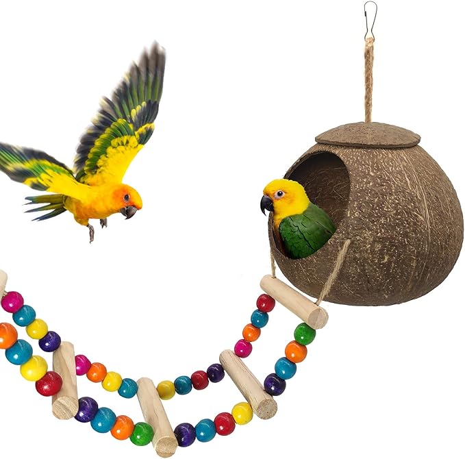 Hanging Coconut Birds House with Ladder,Natural Coconut Fiber Shell Bird Nest for Parrot Parakeet Lovebird Finch Canary,Coconut Hide Birds Swing Toys for Hamster,Bird Cage Accessories,Pet Bird Supply