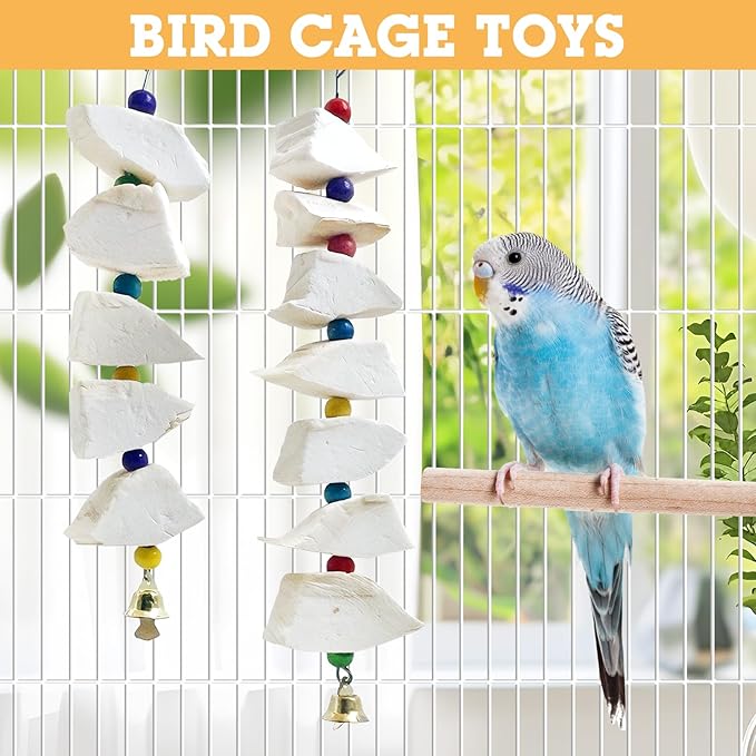 BNOSDM Bird Toys with Cuttlebone 4 Pack Hanging Cuttle Bone Chew Toys Natural Bird Beak Grinding Stone Parakeet Calcium Toys Bird Cage Accessories for Budgies Cockatiels Lovebirds Conures Parrots (7)