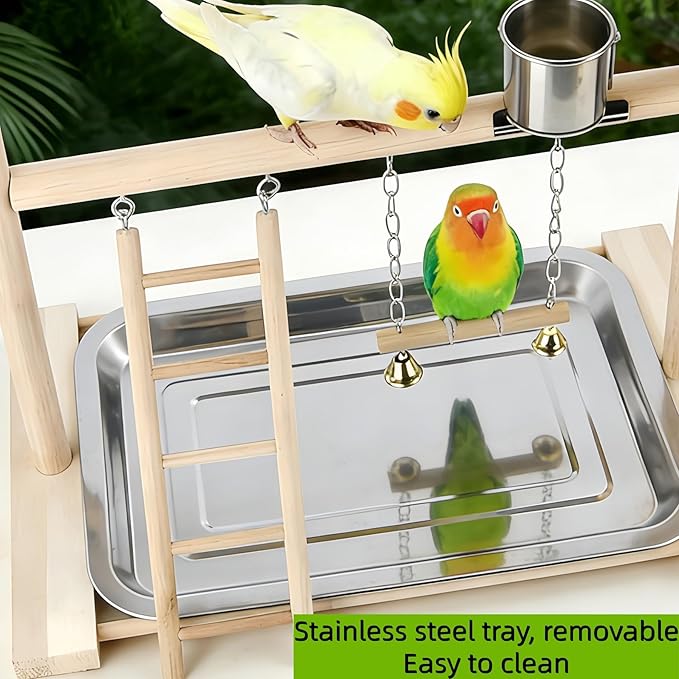 Small Bird Playground Stand, Natural Wood Parrot Stand Playground with Removable Tray, Feeder Cups, Ladder, Swing & Chew Toys for Cockatiel, Conure, Parakeet