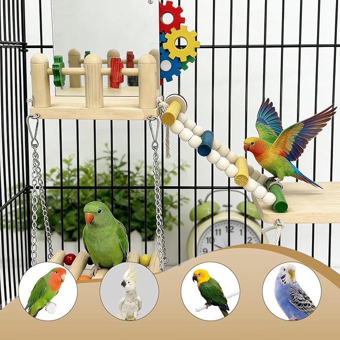 Bird Toys with Bird Mirror Climbing Ladder Swing Wooden Play Gym - Parakeet Toys & Cage Accessories for Cockatiels, Lovebirds, Budgies, Finch, Canaries