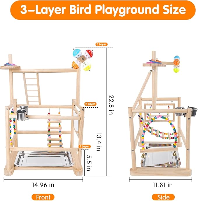 Bird Playground, Parrot Playground Bird Perch Stand 3 Layer Bird Tree Stand with Feeder Cups, Bird Ladder, Parakeet Mirror, Parakeet Toys and Removable Tray for Small to Medium Birds