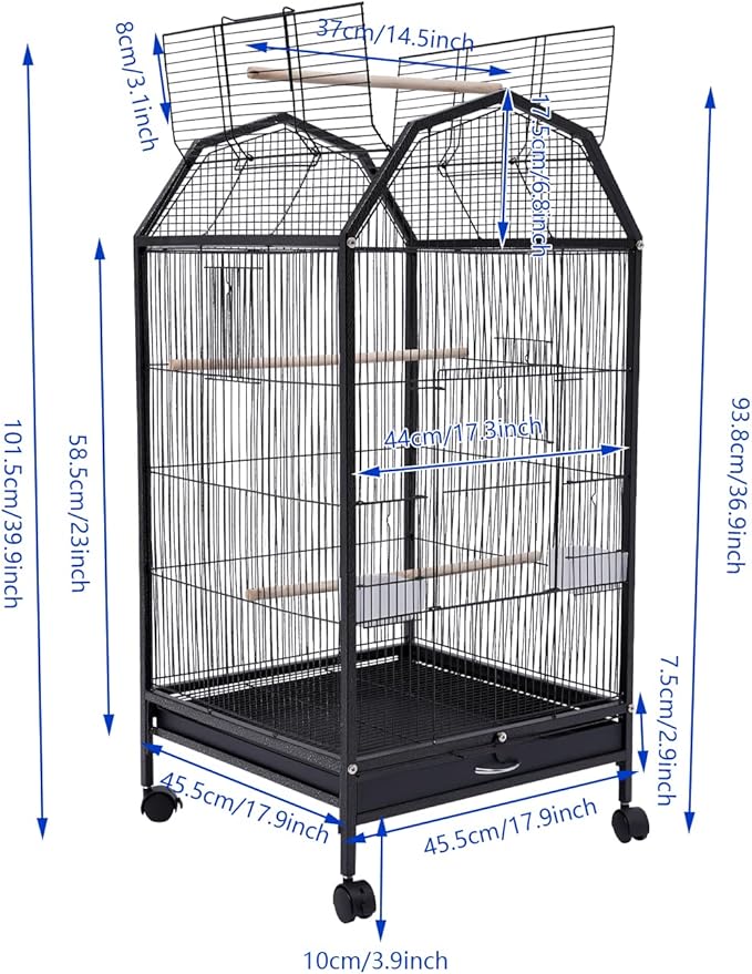Parakeet Bird Cage with Stand, Metal Pet Bird Flight Cages, Large Finch Bird Cage. for Conure Canary Parekette Macaw Finch Cockatoo Budgie Cockatiels Parrot Pet House,Black