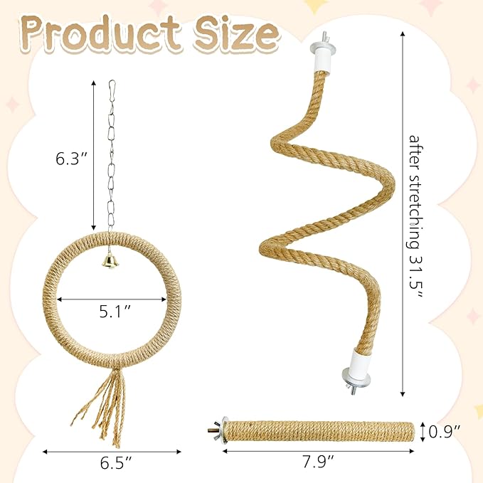 3 Pcs Bird Rope Perches Bendable Parakeet Climbing Swing Toys Parrot Spiral Rope Stand Bird Cage Accessories for Budgie Lovebird Cockatiel