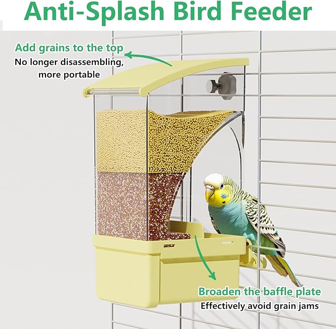 Hamiledyi Automatic Bird Feeder No Mess Bird Cage Feeder Transparent Acrylic Parrot Seed Food Container with Perch Cage Accessories for Parakeet Finch Lovebirds Budgies Canary (Yellow)