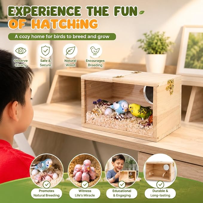 Rypet Parakeet Nesting Box Transparent Design, Thwartwise Bird Nest Breeding Box with Perch Wood Bird Cage House for Cockatiel Lovebirds Budgie Finch Parrotlets Canary S