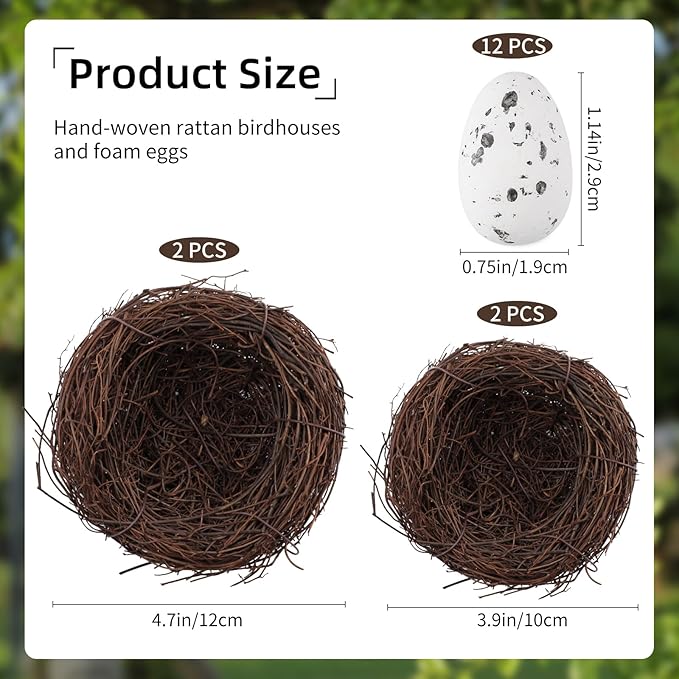 16 Pcs Artificial Bird Nests with Eggs for Crafts,Handmade Natura Rattan Birds Nest for Easter, Wedding, Home, Party, and Christmas Tree Decorations(2Pcs 4.7in 2Pcs 3.9in Nest 12pcs Eggs)
