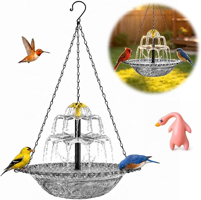 Solar Cascade Hanging Bird Bath Fountain, Large Plastic Bowl with Hanging Chain for Outside Garden Patio and Yard Decor (Gray)