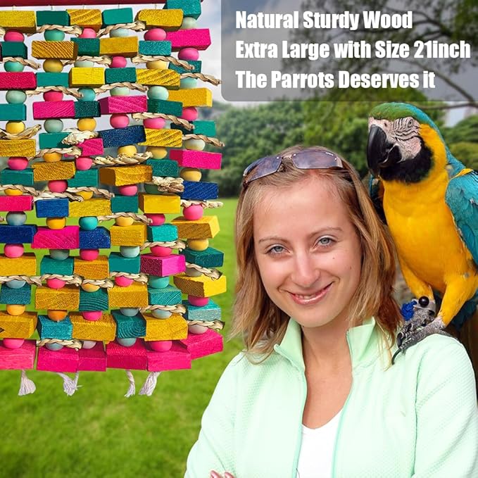 Large Bird Toys for Macaws, Stainless Steel Multicolored Wooden Blocks Bird Chewing Toy Parrot Cage Bite Toy for Macaws Cokatoos African Grey and Large Medium Parrot Birds