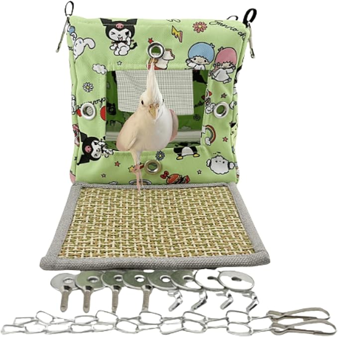 Large Spring Summer Breathable Bird Nest House, Zipper Design On The Back for Easy Cleaning, Conure Bed for Inside or Outside The Birdcage (Square-Green,L)