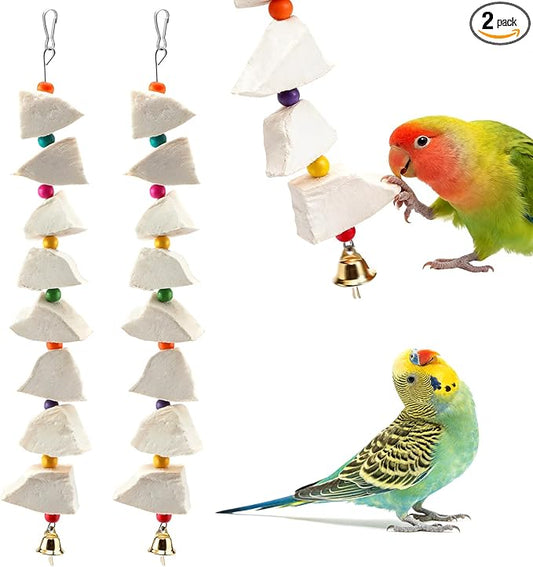 2 Pack Bird Cuttlebone Chew Toys, Natural Cuttlefish Bone for Birds Beak Grinding & Calcium Supplement, Hanging Cage Accessories for Small Medium Birds (2, Chunky Blocks)