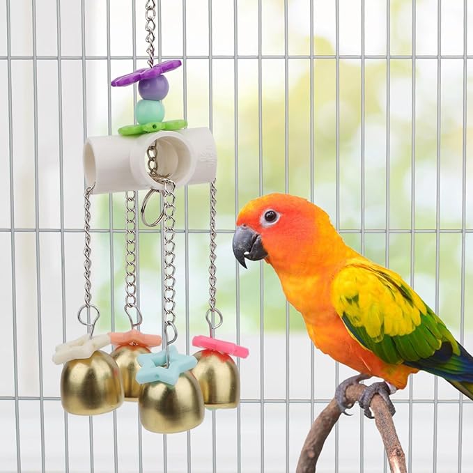Hypeety Bird Bells Toy Hanging Cage Bell with Sweet Sound Colorful Wood Beads Bells for Lovebirds African Greys Cockatoo Macaw Parakeet Cage Hanging Perch Toy (Bell Toy-4 Bells)