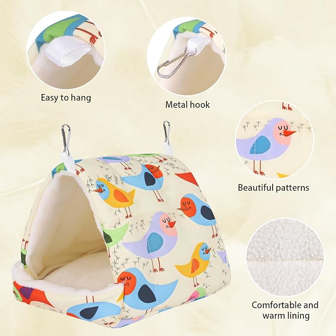 Bird Bed for Cage Warm Winter Nest Hammock with Hanging Hook Cage Accessories for Small Birds Parakeets Cockatiels Love Birds Cockatiels Conures Hamster (Beige, S)