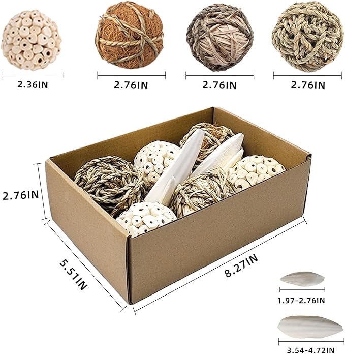 10PCS Bird Toys Sola Balls 2.36IN Parakeet Toys 2.76IN Natural Chew Grass Balls with Cuttlebone for Parrots Conures Rabbits Hamster Guinea Pig Chinchilla (Style 1)