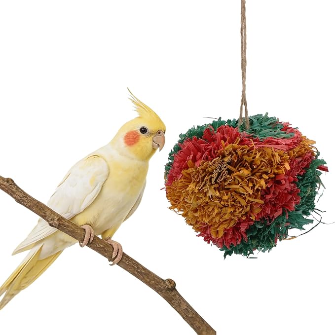 Hypeety 4” Colorful Shredding Ball Bird Toys for Parrots Funny Crinkles Foraging Toys for Birds Easy to Hang Natural Shredder Ball Chew Toys for Cockatiels Conures Parakeets Budgies (1 Pack)
