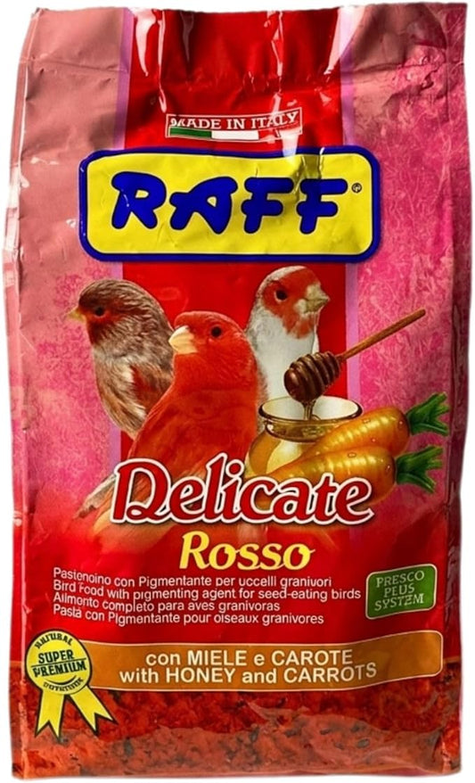 Raff Delicate Rosso 500g – Red Canary Food Enriched with Honey and Carrots – Specialized Red Factor Formula for Seed-Eating Birds Seeking Vibrant Plumage and Optimal Health