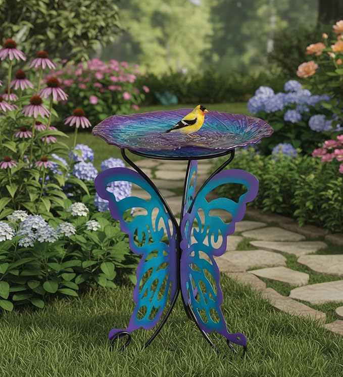 Regal Art & Gift 25" Bird Bath with Decorative Stand - Durable Glass Bowl with Heavy-Duty Metal Stand, Easy to Fill, Ideal for Patio, Porch & Garden Décor - Butterfly