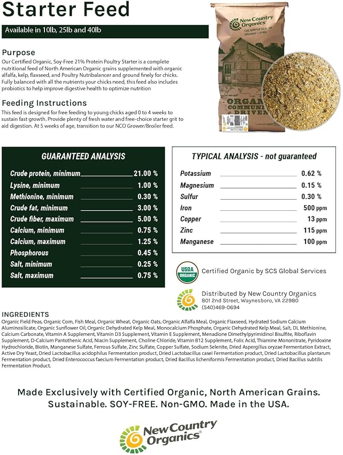 New Country Organics | Starter Feed for Baby Chicks | Soy-Free | 21% Protein | Certified Organic and Non-GMO | 40 lbs