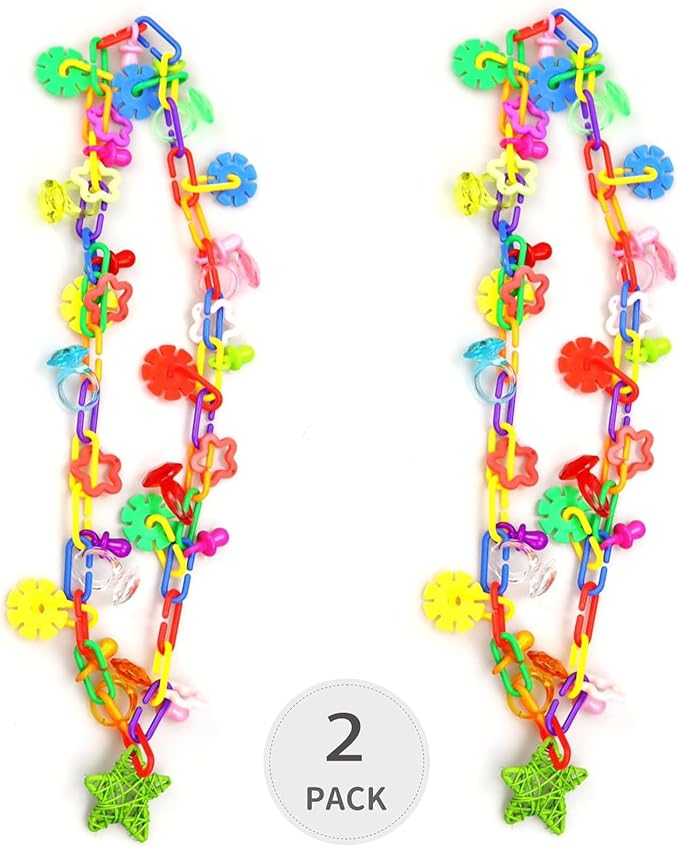(2 Pack) Bird Necklace Toy Rainbow Necklace Bird Toy Chewing Toy Cage Links Bird Swing, Climbing Chain for Small Sized Birds, Small Bird Necklace Toy.