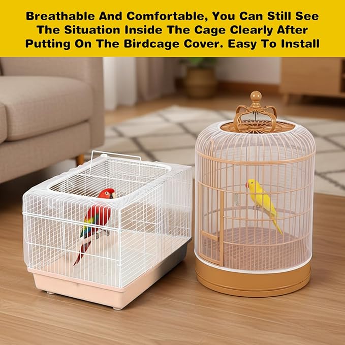 Grevosea 3 Pcs Bird Cage Seed Catcher, Large Bird Cage Cover Stretchy Adjustable Nylon Mesh Birds Cages Net Skirt for Parrot Parakeet Macaw African Round Square Cages Accessories (White)