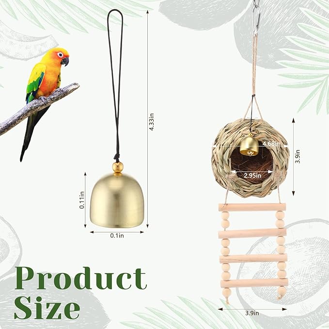 Briwooody Hanging Bird Nest for Cage with Ladder Bell Natural Coir Fiber, Grass Hand Woven Hummingbird Finch House for Outside Breeding Nest Parakeet Bed for Budgie Canary Parrot Patio Lawn Garden