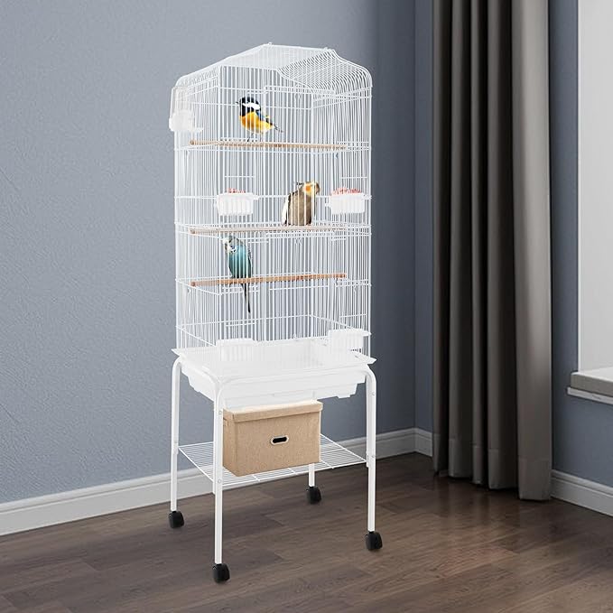 Extra Large Bird Cage, 54" Rolling Breeding Flight Bird Cages w/ 360° Wheels, Open Play Top Bird Cage with Detechable Stand for Parrots, Caiques, Macaw (White)