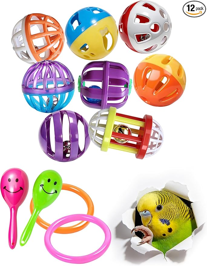 12 Pack Bird Toys, Colorful Bell Balls and Rattles for Small and Medium Parrots, Parakeets and Cockatiels