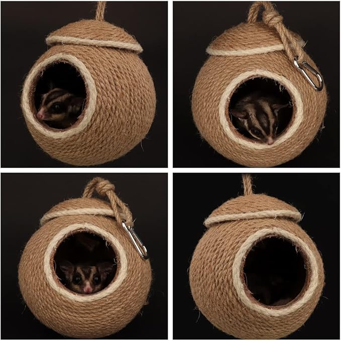 Sugar Glider House Natural Coconut Shell Hemp Rope Hut Hide Out Nest for Sugar Glider Hamster Squirrel Bird Parakeet,Cage Habitats Decor, Bird Cage Toy (Metal Hook)