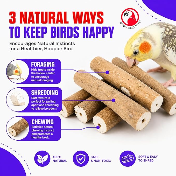 Bonka Bird Toys 1211 Pk6 Natural Bark Sola Sticks, 6-Pack, 3" Long, 1.25" Diameter, Soft Chew and Foraging Toy for Birds, Parrots, Parakeets, Cockatiels, Lightweight, Natural, Safe, Eco-Friendly