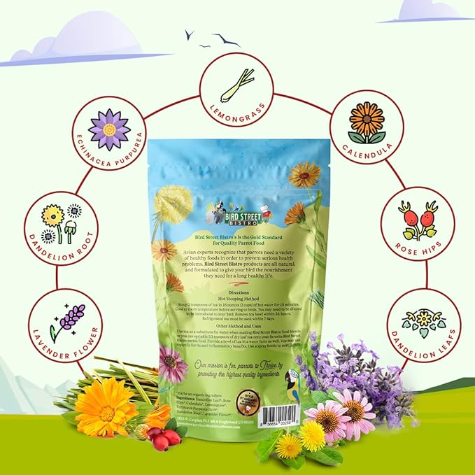 Bird Street Bistro Parrot Tea 3oz - Parakeet & Cockatiel Food Vitamin Substitute - Bird Health Supplies - Bird Food Topper