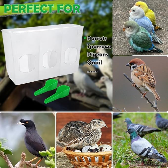 Pigeon Automatic Feeder Plastic Water Dispenser No Mess Hanging Food Feeder for Bird Cage Parakeet Quail Bird Chicken (3 Hole-Hook Design)