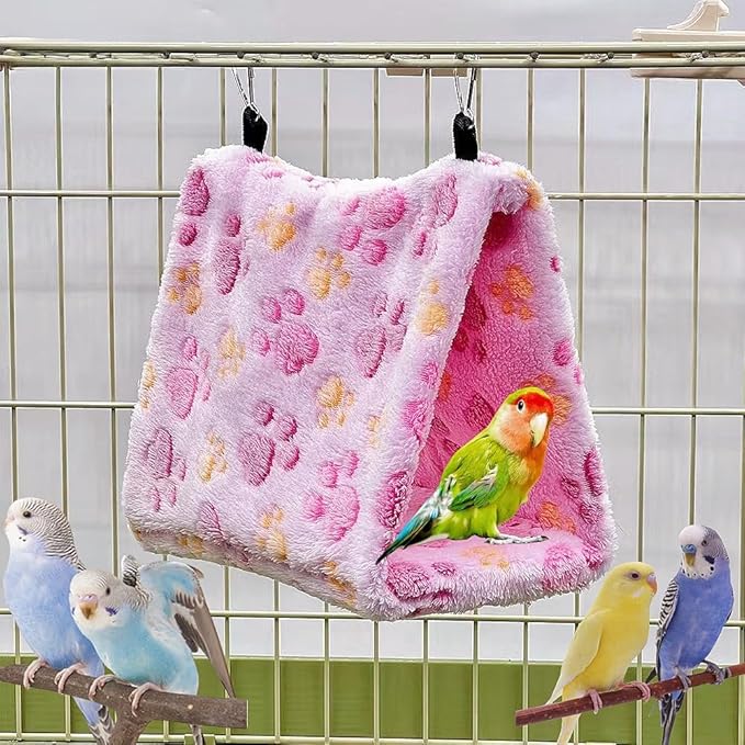 2 Pack Bird Nest Plush Snuggle Bird Hammock Hanging Bird Cave Parrot Sleeping Bed Shed Hut Hanging Tent for Budgies Finch Parakeet Cockatiel Cockatoo Lovebird-Foot Pattern (Pink&Purple)