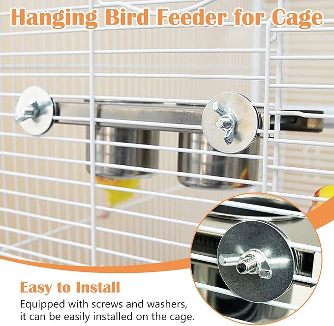 Stainless Steel Bird Feeder Hanging Parrot Feeder Bowl with Perch Stand Removable Food and Water Cups Bird Cage Accessories for Parakeet Cockatiel Budgie Conure