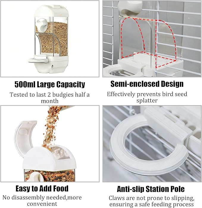Automatic Bird Feeder Waterer Kit Bird Cage Hanging Waterer Parakeet Leak-Proof Feeder Parrot Vegetable Clips Cage Accessories for Budgies Lovebirds Finches Canaries Parrotlets Conures (White)
