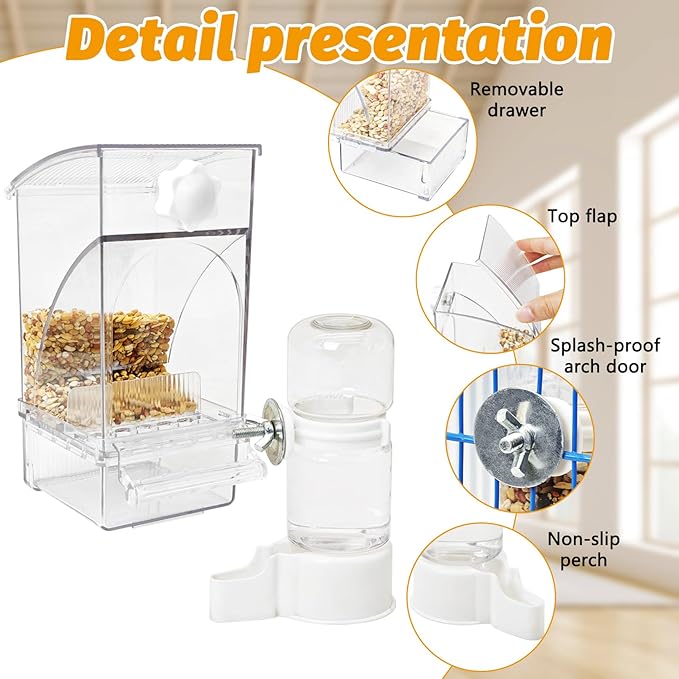 BNOSDM No Mess Bird Feeder Water Dispenser Set Automatic Parrot Feeder Drinker Transparent Food Container 3 Pcs Parakeet Cage Accessories for Cockatiel, Budgies, Conure, Lovebird, Finch (Transparent)
