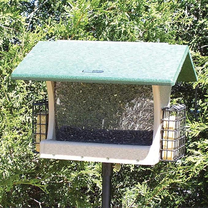 Birds Choice SN300-S Two-Sided Hopper Feeder, Recycled Bird Feeder w/ Two Suet Cages, Large, Taupe/Green