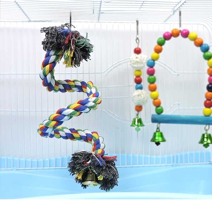 WishLotus Bird Perches, Parrot Colorful Climbing Rope Swing Toys Parrot Stand with Bell and Hanging Clip for Parrots, Budgies, Macaws, Parakeets, and Other Small Birds. (100cm)