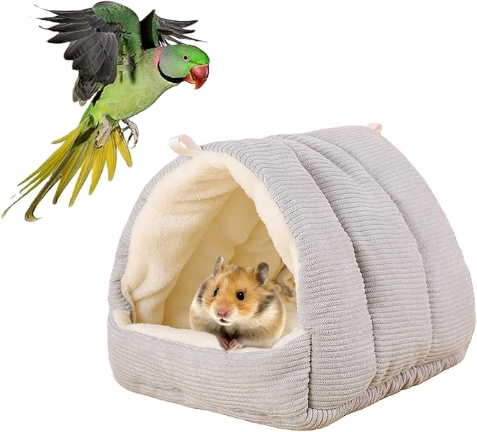 Winter Warm Bird Nest Bed, Plush Hanging Bird Bed for Cage, Plush Hut Tent, Hideaway Sleeping Nest for Budgies, Parakeets, Cockatiels, Conures (Light Grey, S)