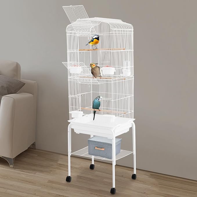 Extra Large Bird Cage, 54 Inch Wrought Iron Bird Cage Open Top Parakeet Cage w/Slide-Out Tray for Parrot, Cockatiel, Budgie, Parakeets, Lovebird, Small Medium Birds 18 * 14.6 * 54In (White-1)