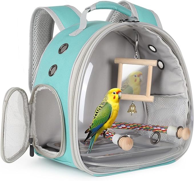 Parrot Travel Carrier Bubble Window Backpack with Mirror Standing Toy,Portable Parrot Cage Backpack with Bird Stand Perch, Pet Travel Bag for Cockatiels, Love Bird,Small Birds