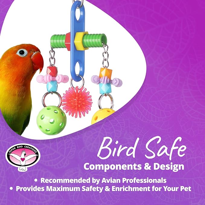 Super Bird Creations SB1087 Tug O' War Bird Toy for Parrotlets, Parakeets, Cockatiels, Lovebirds, Ringnecks, Medium Conures, Quaker, Caiques - Multi-colored toys - Small/Medium Bird Size, 6" x 3" x 1"