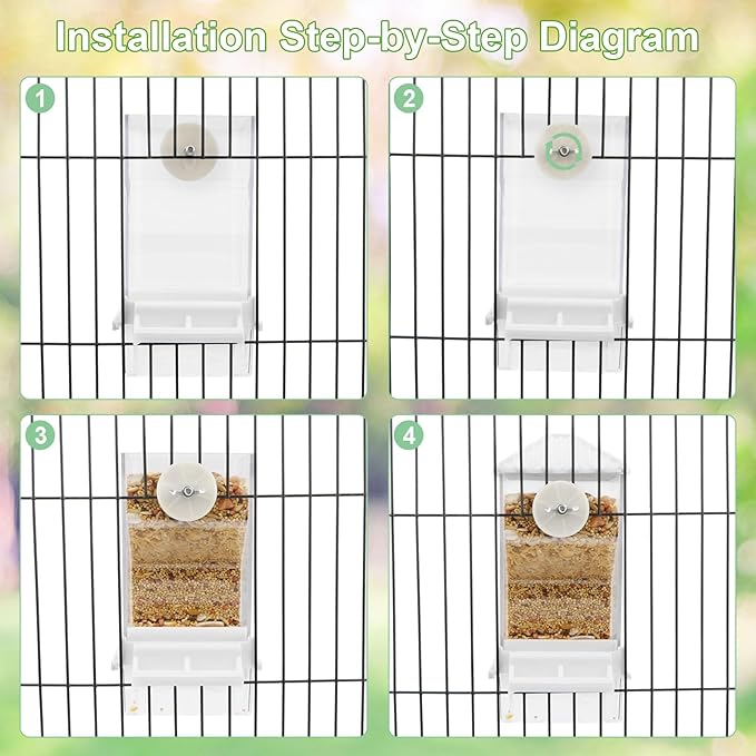 No Mess Automatic Bird Feeder for Cage, with Perch Acrylic Transparent No Spill Birds Feeder Bird Cage Accessories for Parakeets Lovebirds Canary Cockatiel Finch（White）