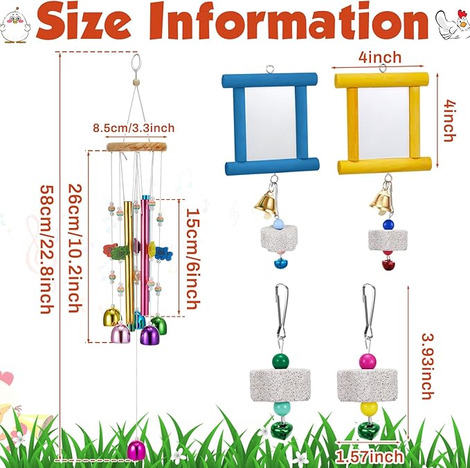 VioraWhite 7 Pcs Chicken Toys, Hanging Chicken Wind Chime, 2 Pcs Coop Mirror Toys with Bells 4 Pack Beak Grinding Stones, Musical Coop Accessories for Hens Roosters Chicks Poultry Birds(Yellow，Blue)