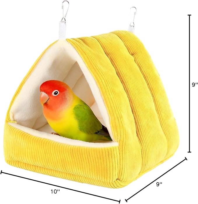 Winter Warm Bird Bed for Cage with Soft Plush Hanging Hammock & Hut Tent, Hideaway Sleeping Nest for Budgies, Cockatiels, Small Animals, and Guinea Pig Hideouts (Yellow, S)